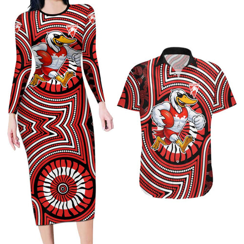 Sydney Swans Couples Matching Long Sleeve Bodycon Dress and Hawaiian Shirt Indigenous Monochrome Dot Art Mascot Style