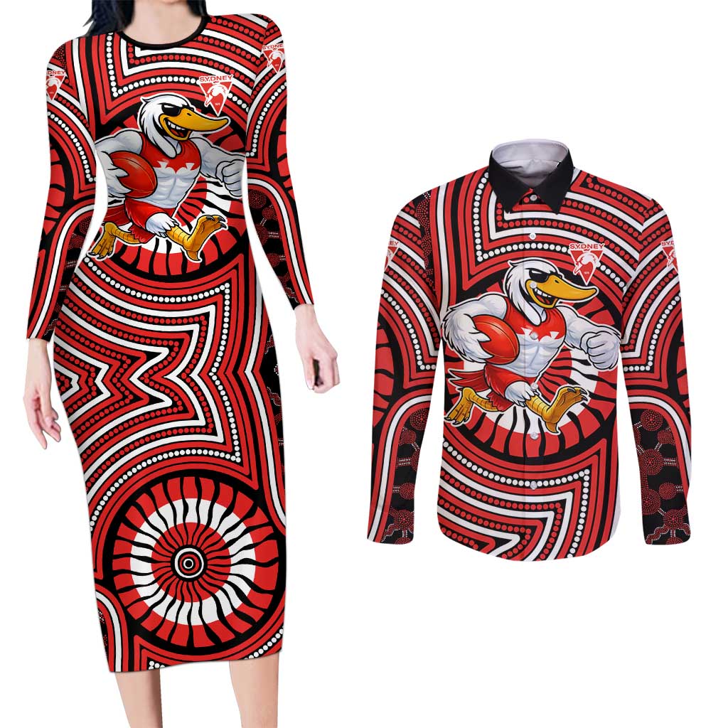 Sydney Swans Couples Matching Long Sleeve Bodycon Dress and Long Sleeve Button Shirt Indigenous Monochrome Dot Art Mascot Style