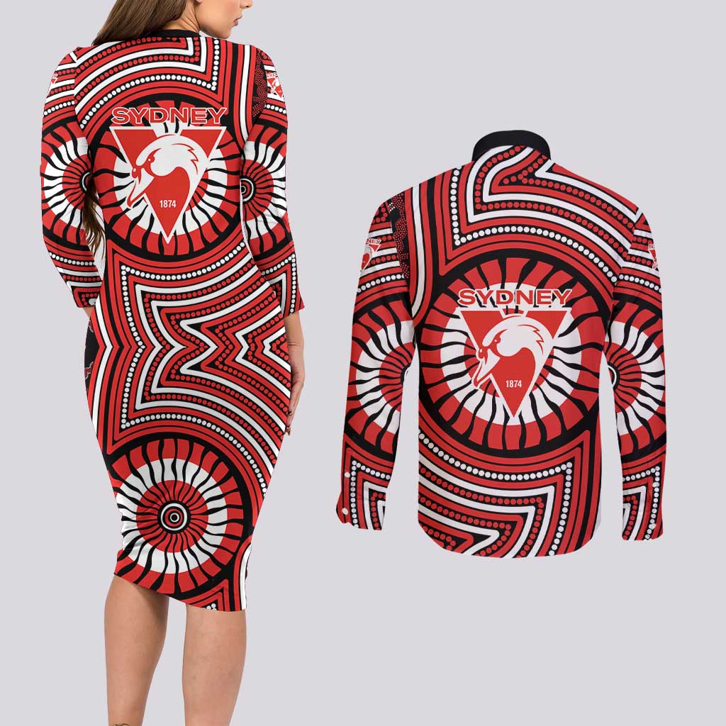Sydney Swans Couples Matching Long Sleeve Bodycon Dress and Long Sleeve Button Shirt Indigenous Monochrome Dot Art Mascot Style