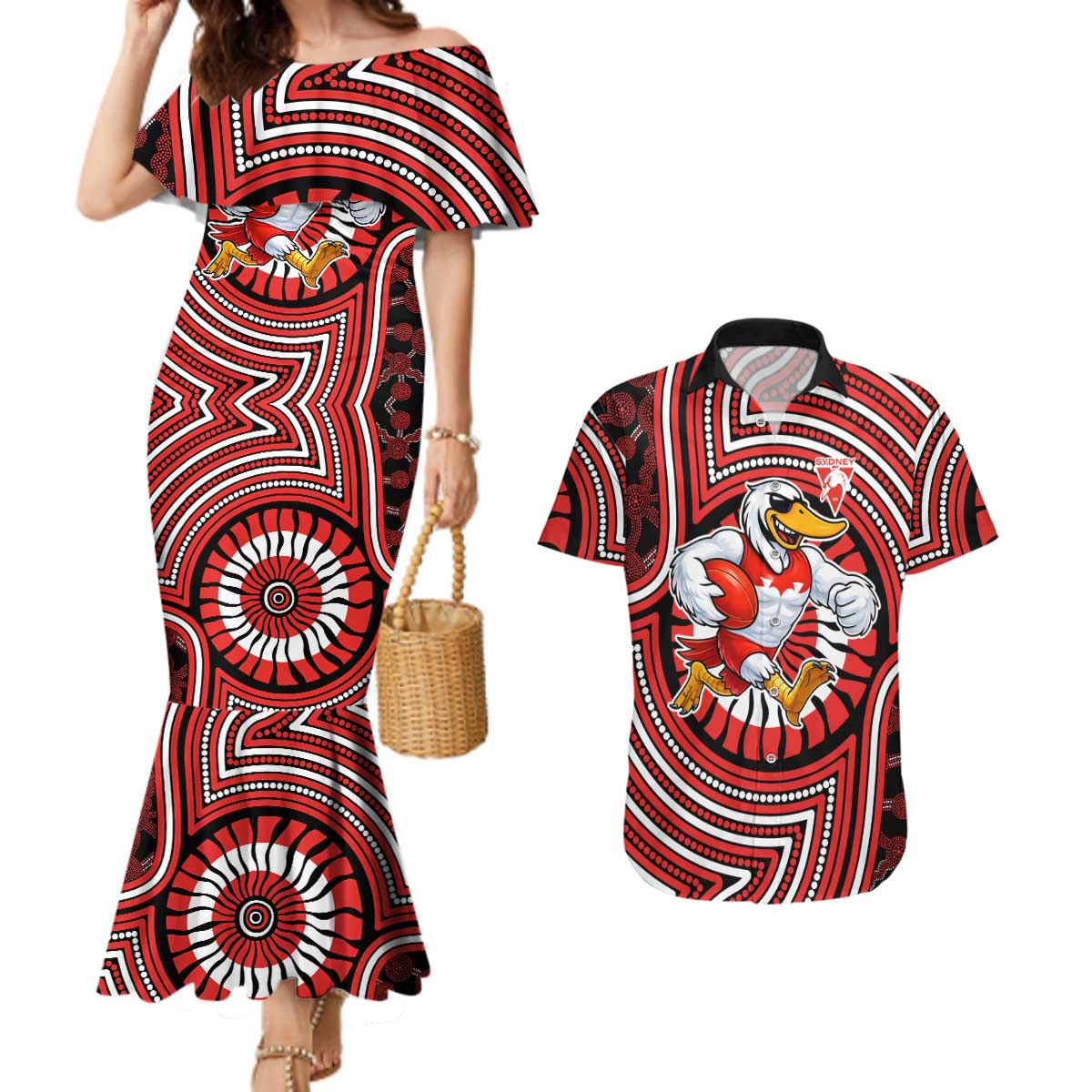 Sydney Swans Couples Matching Mermaid Dress and Hawaiian Shirt Indigenous Monochrome Dot Art Mascot Style