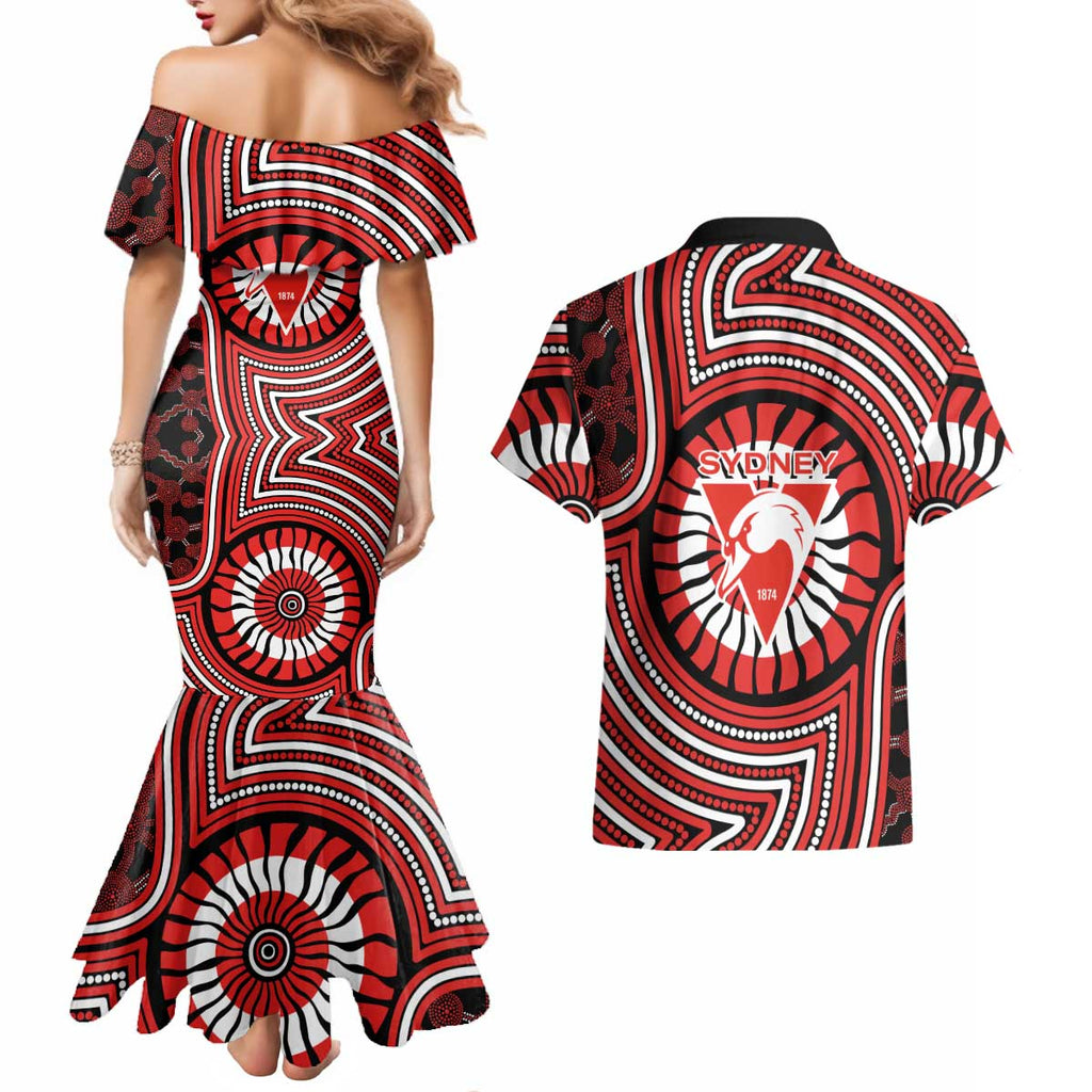 Sydney Swans Couples Matching Mermaid Dress and Hawaiian Shirt Indigenous Monochrome Dot Art Mascot Style