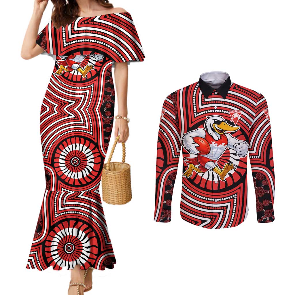 Sydney Swans Couples Matching Mermaid Dress and Long Sleeve Button Shirt Indigenous Monochrome Dot Art Mascot Style