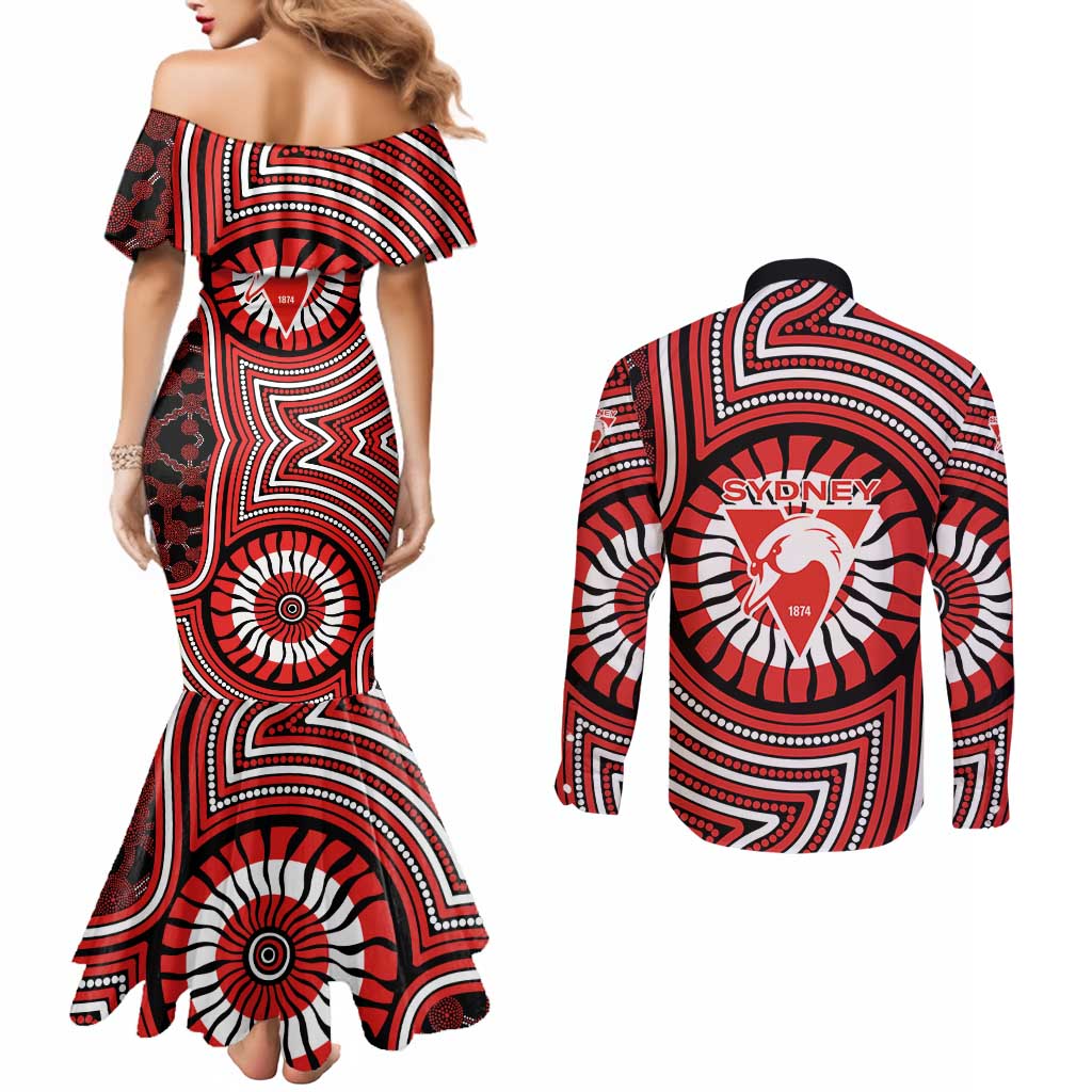 Sydney Swans Couples Matching Mermaid Dress and Long Sleeve Button Shirt Indigenous Monochrome Dot Art Mascot Style