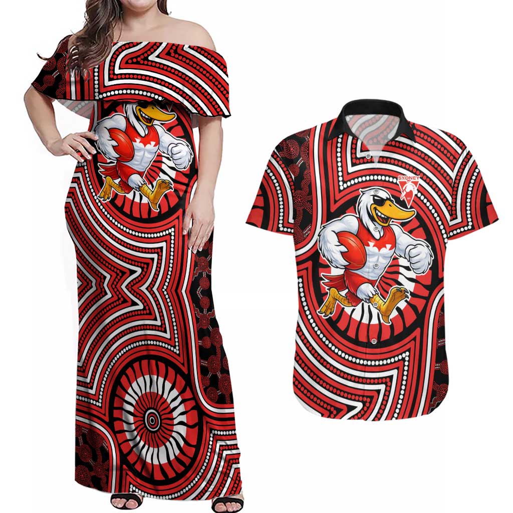 Sydney Swans Couples Matching Off Shoulder Maxi Dress and Hawaiian Shirt Indigenous Monochrome Dot Art Mascot Style