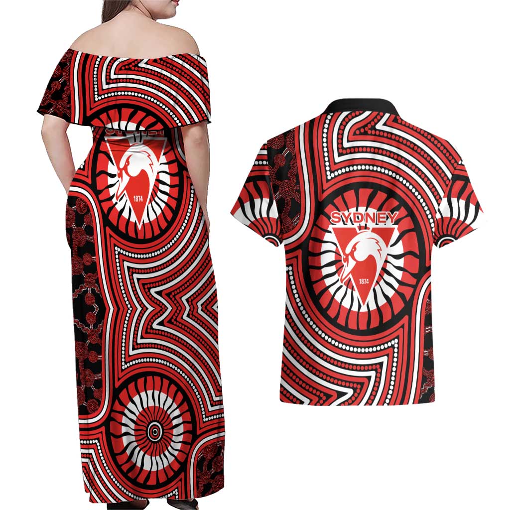 Sydney Swans Couples Matching Off Shoulder Maxi Dress and Hawaiian Shirt Indigenous Monochrome Dot Art Mascot Style
