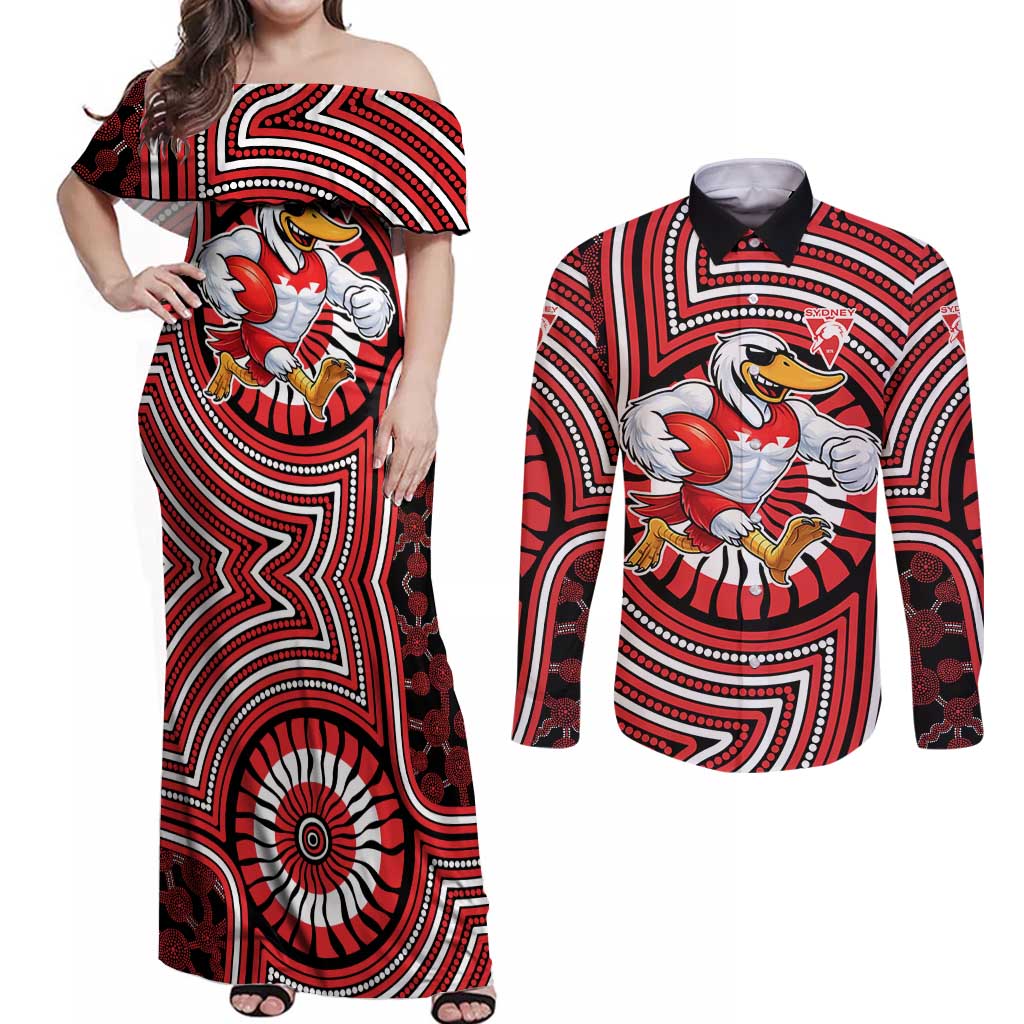 Sydney Swans Couples Matching Off Shoulder Maxi Dress and Long Sleeve Button Shirt Indigenous Monochrome Dot Art Mascot Style
