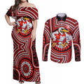 Sydney Swans Couples Matching Off Shoulder Maxi Dress and Long Sleeve Button Shirt Indigenous Monochrome Dot Art Mascot Style