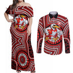 Sydney Swans Couples Matching Off Shoulder Maxi Dress and Long Sleeve Button Shirt Indigenous Monochrome Dot Art Mascot Style