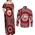Sydney Swans Couples Matching Off Shoulder Maxi Dress and Long Sleeve Button Shirt Indigenous Monochrome Dot Art Mascot Style