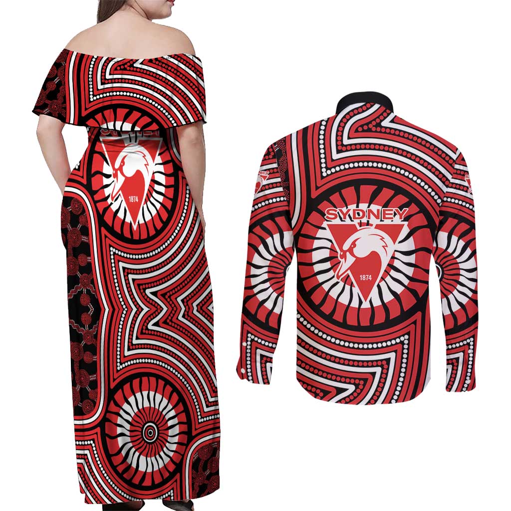 Sydney Swans Couples Matching Off Shoulder Maxi Dress and Long Sleeve Button Shirt Indigenous Monochrome Dot Art Mascot Style