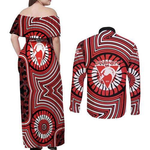 Sydney Swans Couples Matching Off Shoulder Maxi Dress and Long Sleeve Button Shirt Indigenous Monochrome Dot Art Mascot Style