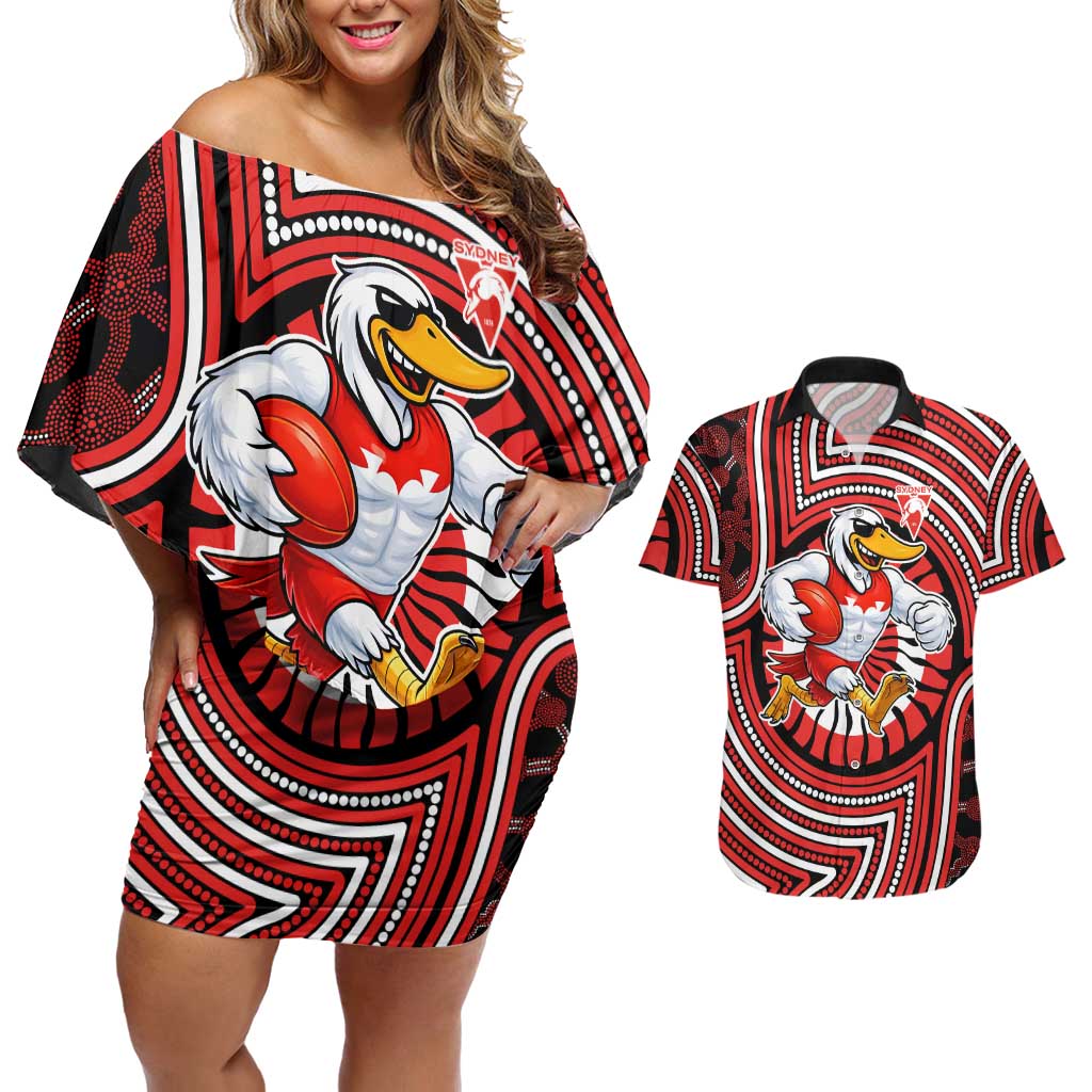 Sydney Swans Couples Matching Off Shoulder Short Dress and Hawaiian Shirt Indigenous Monochrome Dot Art Mascot Style