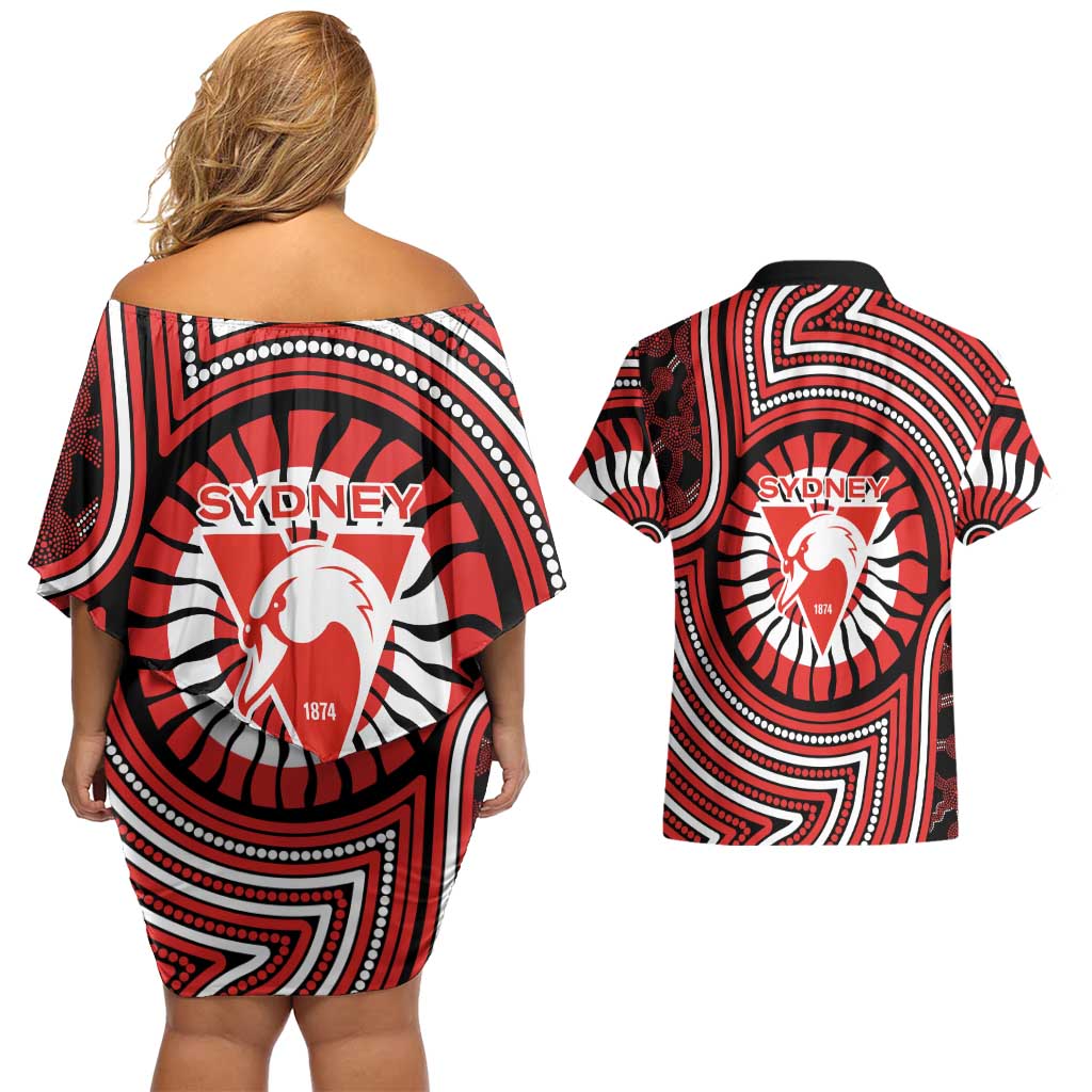Sydney Swans Couples Matching Off Shoulder Short Dress and Hawaiian Shirt Indigenous Monochrome Dot Art Mascot Style