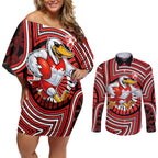 Sydney Swans Couples Matching Off Shoulder Short Dress and Long Sleeve Button Shirt Indigenous Monochrome Dot Art Mascot Style