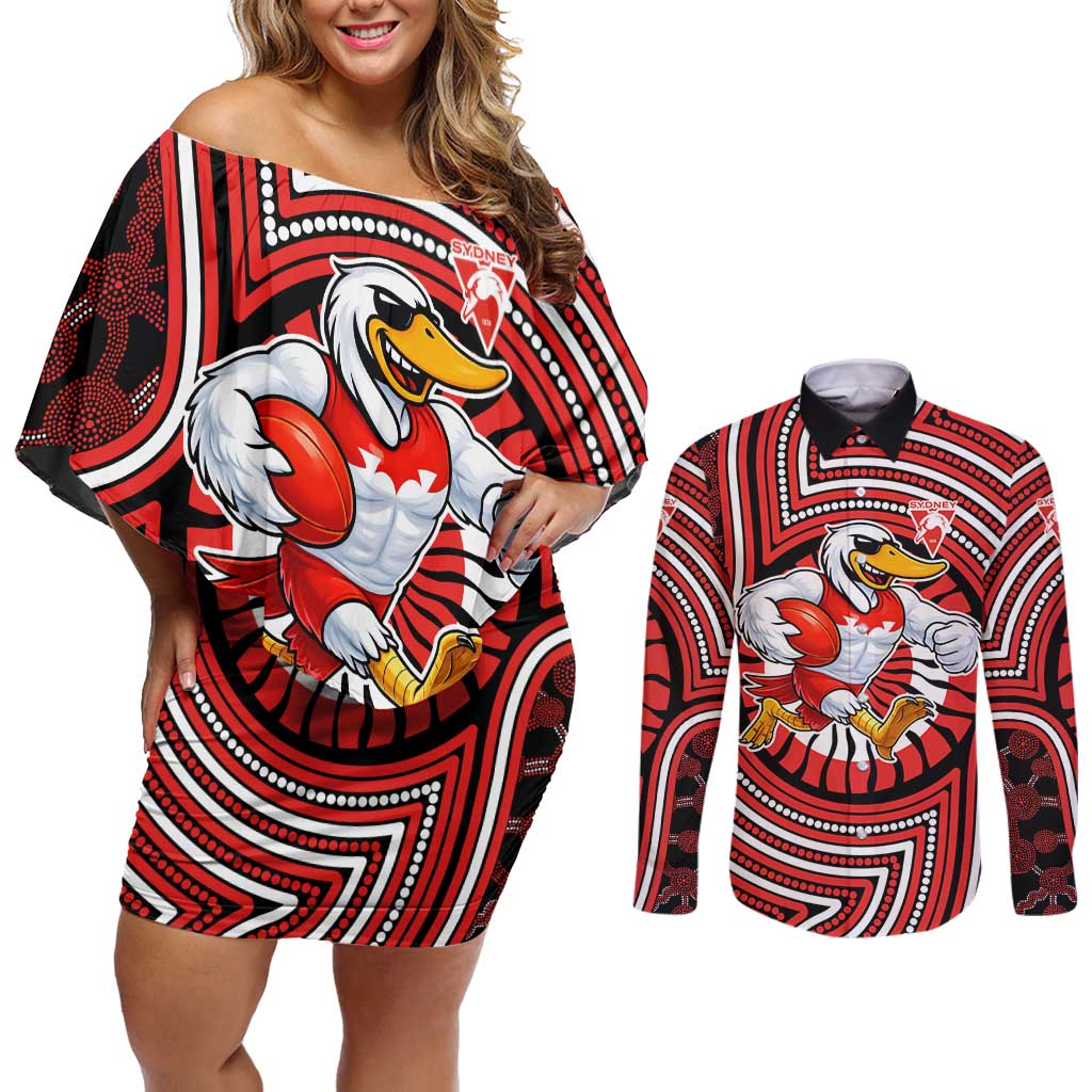 Sydney Swans Couples Matching Off Shoulder Short Dress and Long Sleeve Button Shirt Indigenous Monochrome Dot Art Mascot Style