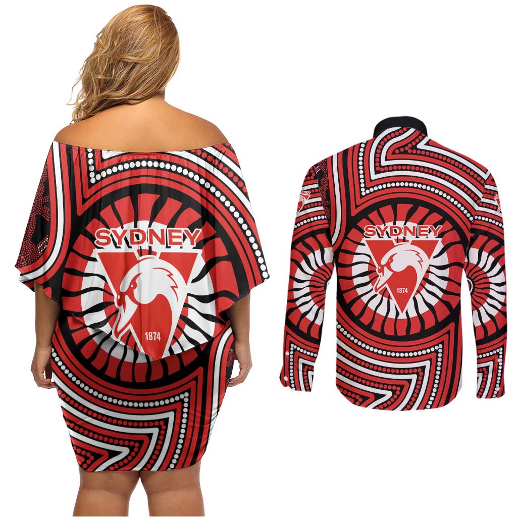 Sydney Swans Couples Matching Off Shoulder Short Dress and Long Sleeve Button Shirt Indigenous Monochrome Dot Art Mascot Style