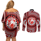 Sydney Swans Couples Matching Off Shoulder Short Dress and Long Sleeve Button Shirt Indigenous Monochrome Dot Art Mascot Style