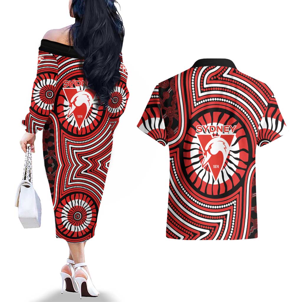 Sydney Swans Couples Matching Off The Shoulder Long Sleeve Dress and Hawaiian Shirt Indigenous Monochrome Dot Art Mascot Style