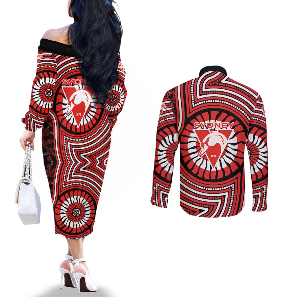 Sydney Swans Couples Matching Off The Shoulder Long Sleeve Dress and Long Sleeve Button Shirt Indigenous Monochrome Dot Art Mascot Style