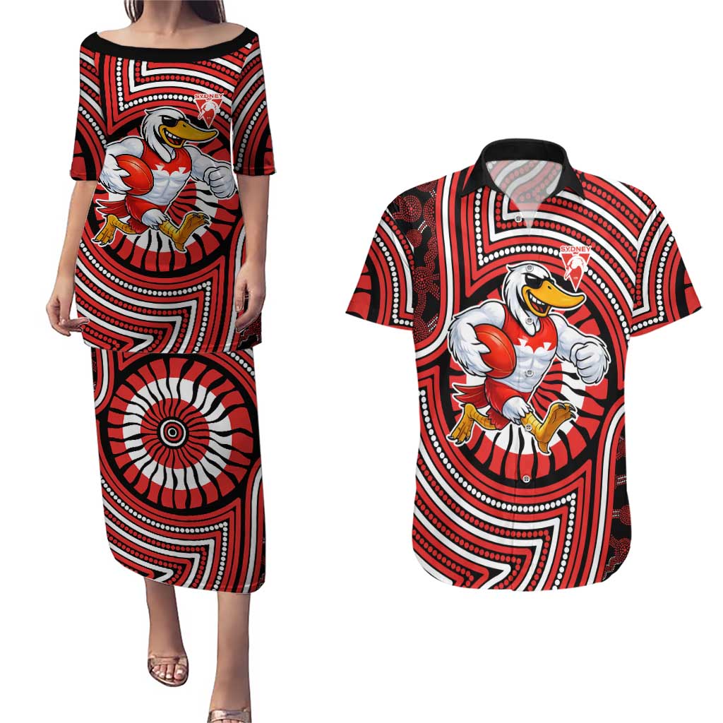 Sydney Swans Couples Matching Puletasi and Hawaiian Shirt Indigenous Monochrome Dot Art Mascot Style