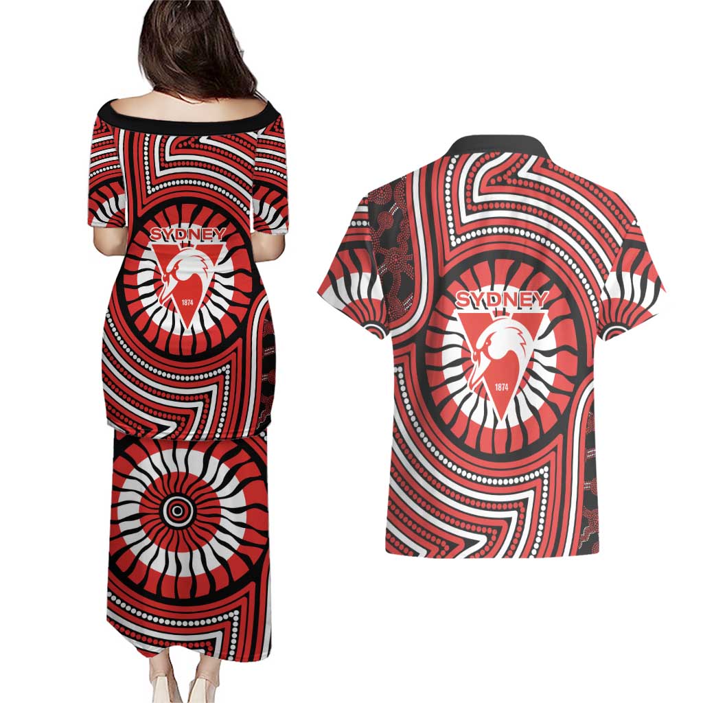 Sydney Swans Couples Matching Puletasi and Hawaiian Shirt Indigenous Monochrome Dot Art Mascot Style