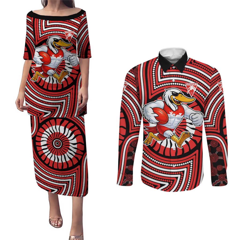 Sydney Swans Couples Matching Puletasi and Long Sleeve Button Shirt Indigenous Monochrome Dot Art Mascot Style