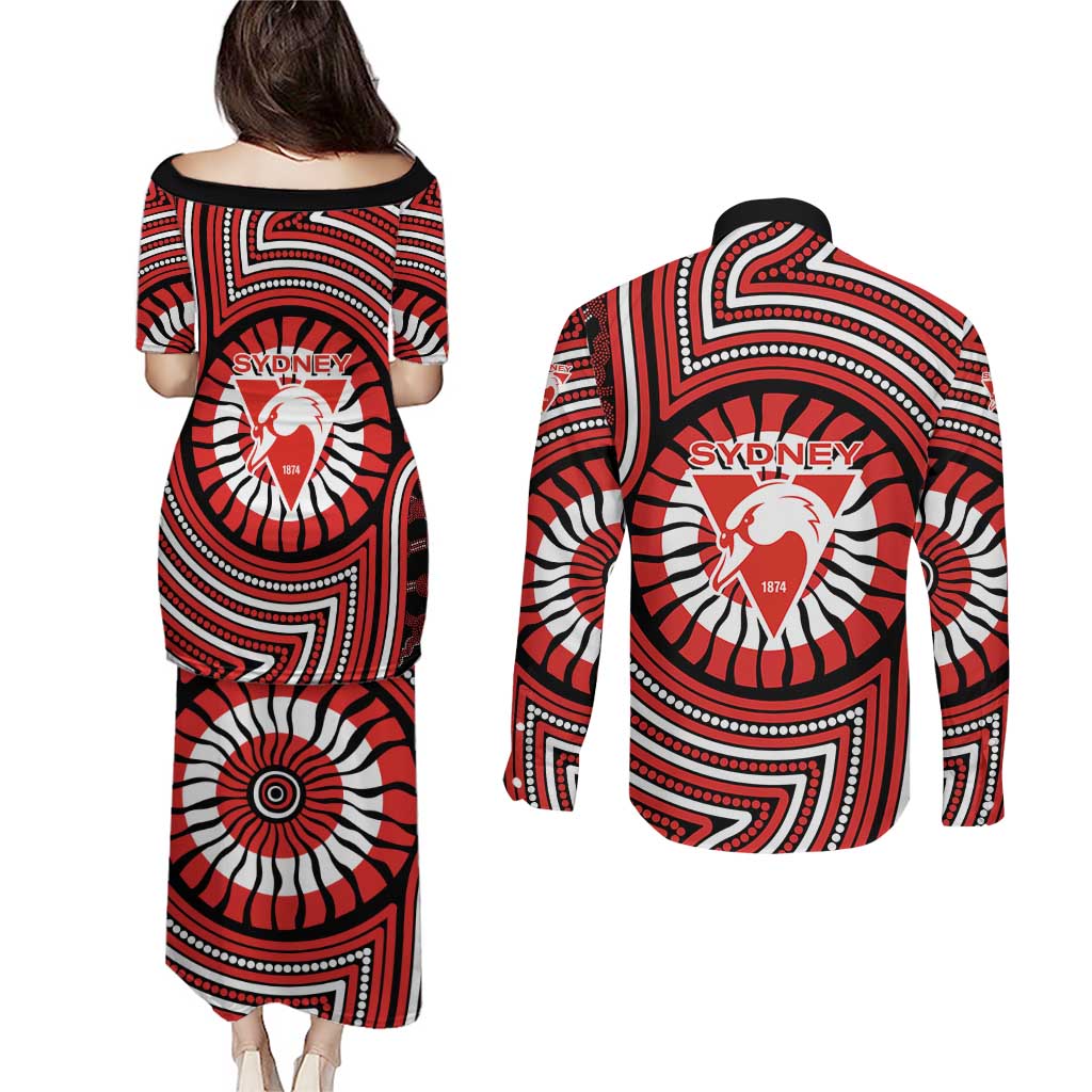 Sydney Swans Couples Matching Puletasi and Long Sleeve Button Shirt Indigenous Monochrome Dot Art Mascot Style