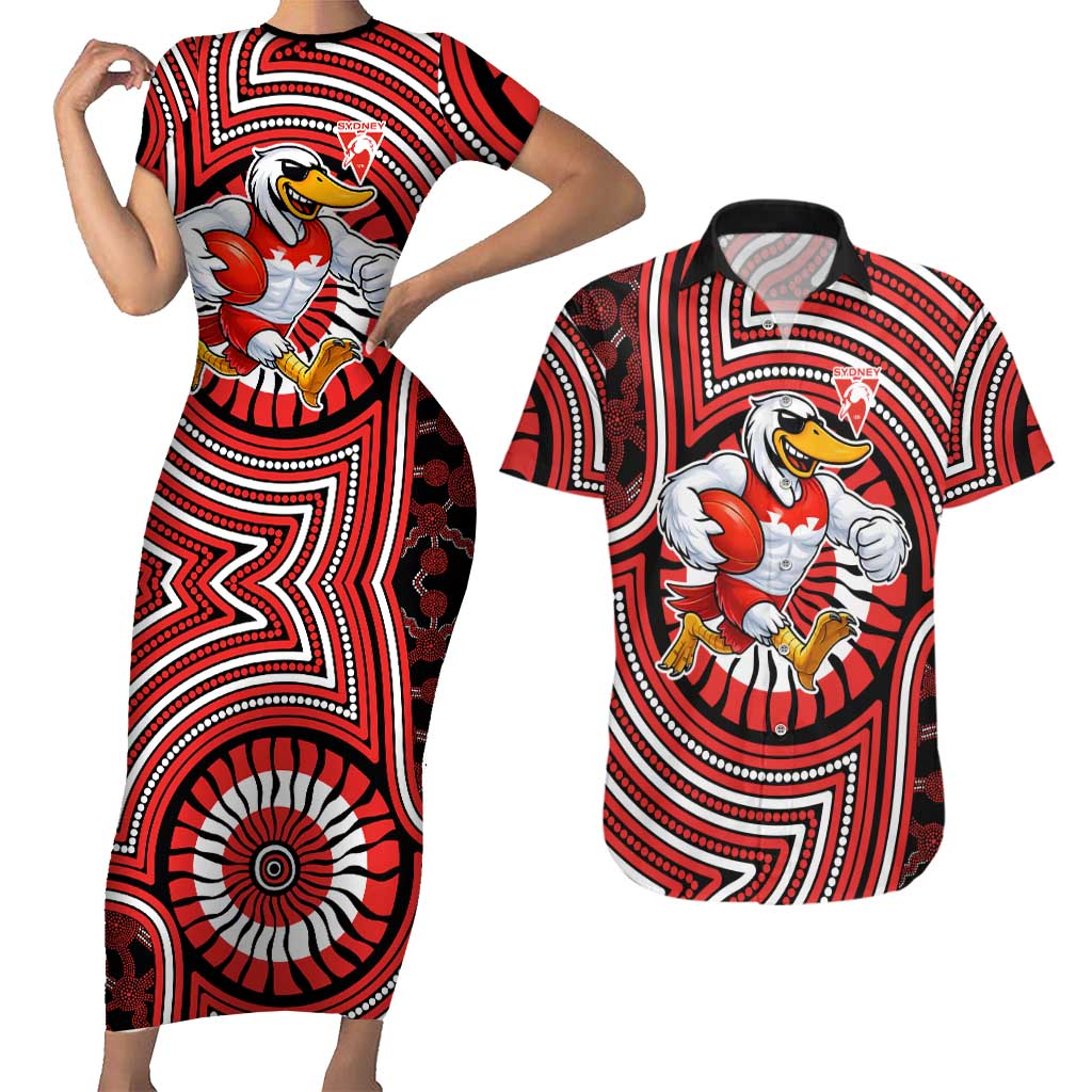 Sydney Swans Couples Matching Short Sleeve Bodycon Dress and Hawaiian Shirt Indigenous Monochrome Dot Art Mascot Style