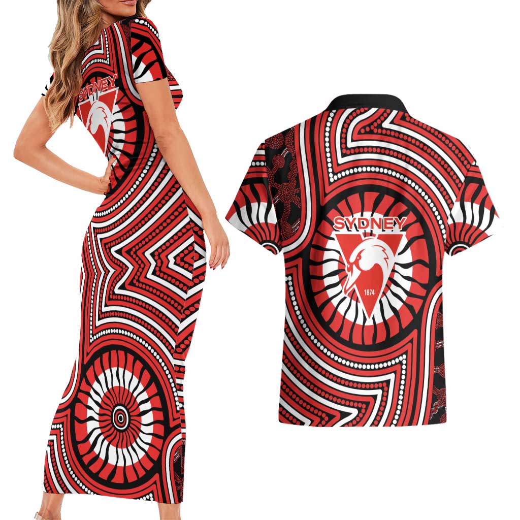 Sydney Swans Couples Matching Short Sleeve Bodycon Dress and Hawaiian Shirt Indigenous Monochrome Dot Art Mascot Style