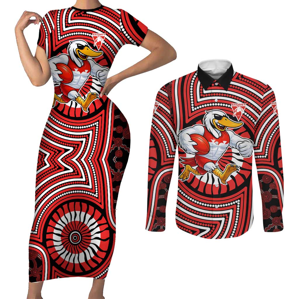 Sydney Swans Couples Matching Short Sleeve Bodycon Dress and Long Sleeve Button Shirt Indigenous Monochrome Dot Art Mascot Style