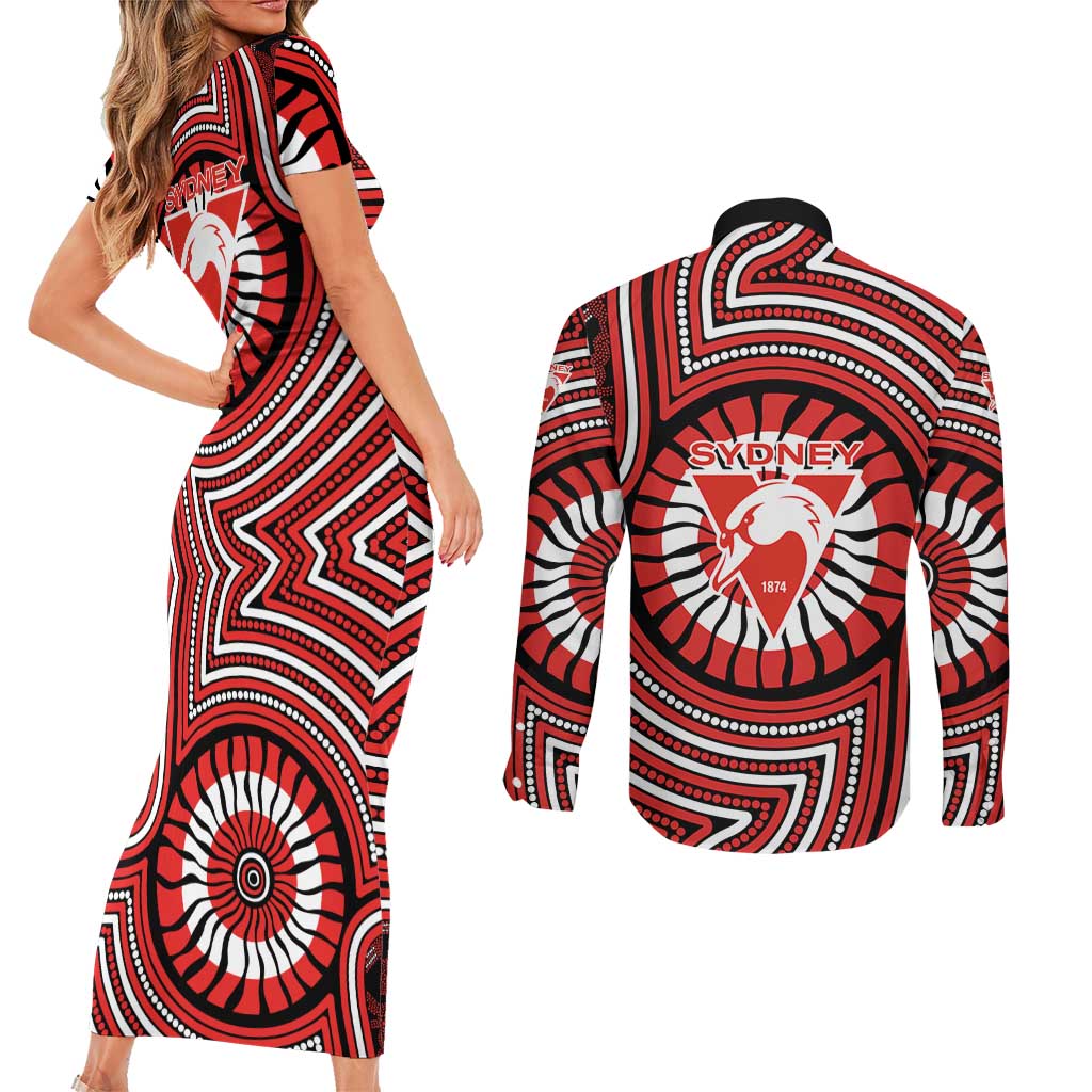 Sydney Swans Couples Matching Short Sleeve Bodycon Dress and Long Sleeve Button Shirt Indigenous Monochrome Dot Art Mascot Style