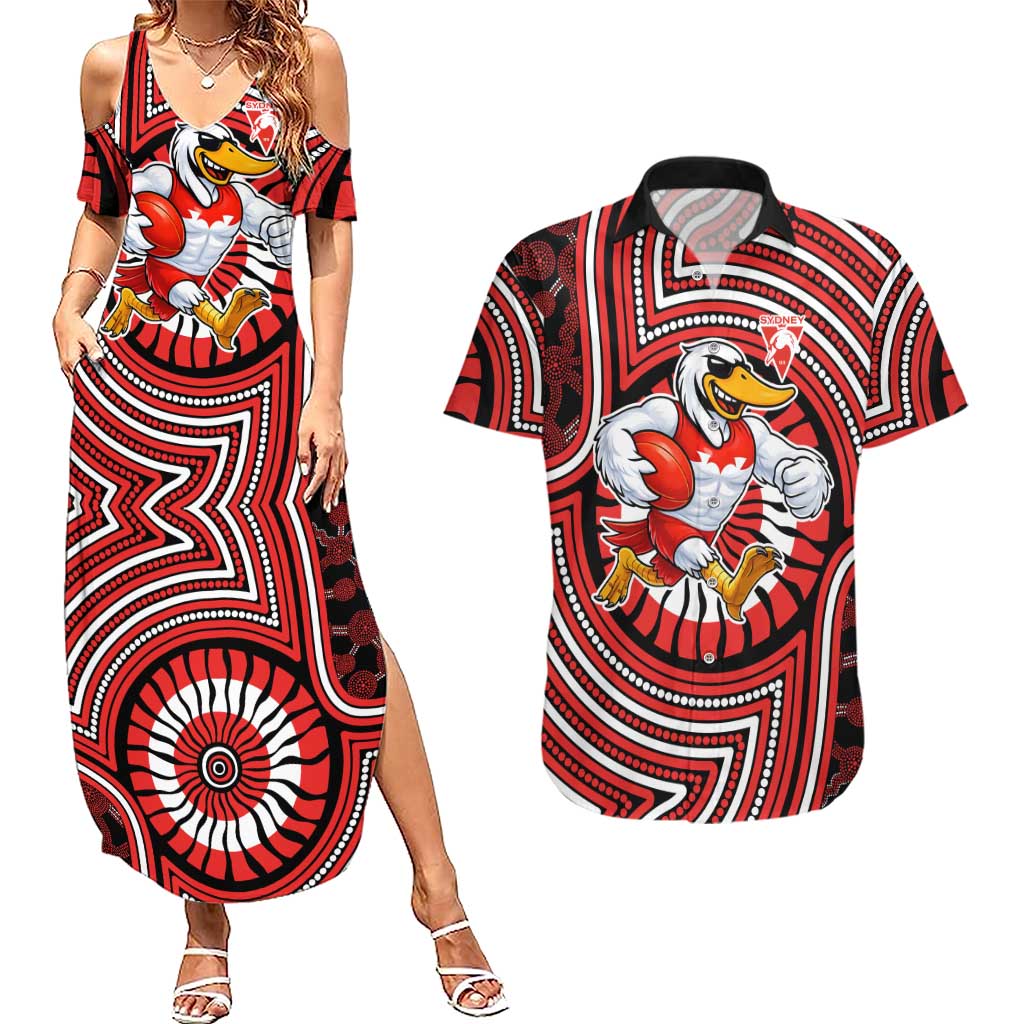 Sydney Swans Couples Matching Summer Maxi Dress and Hawaiian Shirt Indigenous Monochrome Dot Art Mascot Style