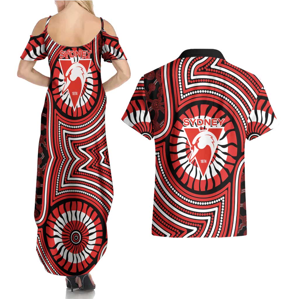 Sydney Swans Couples Matching Summer Maxi Dress and Hawaiian Shirt Indigenous Monochrome Dot Art Mascot Style