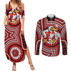 Sydney Swans Couples Matching Summer Maxi Dress and Long Sleeve Button Shirt Indigenous Monochrome Dot Art Mascot Style