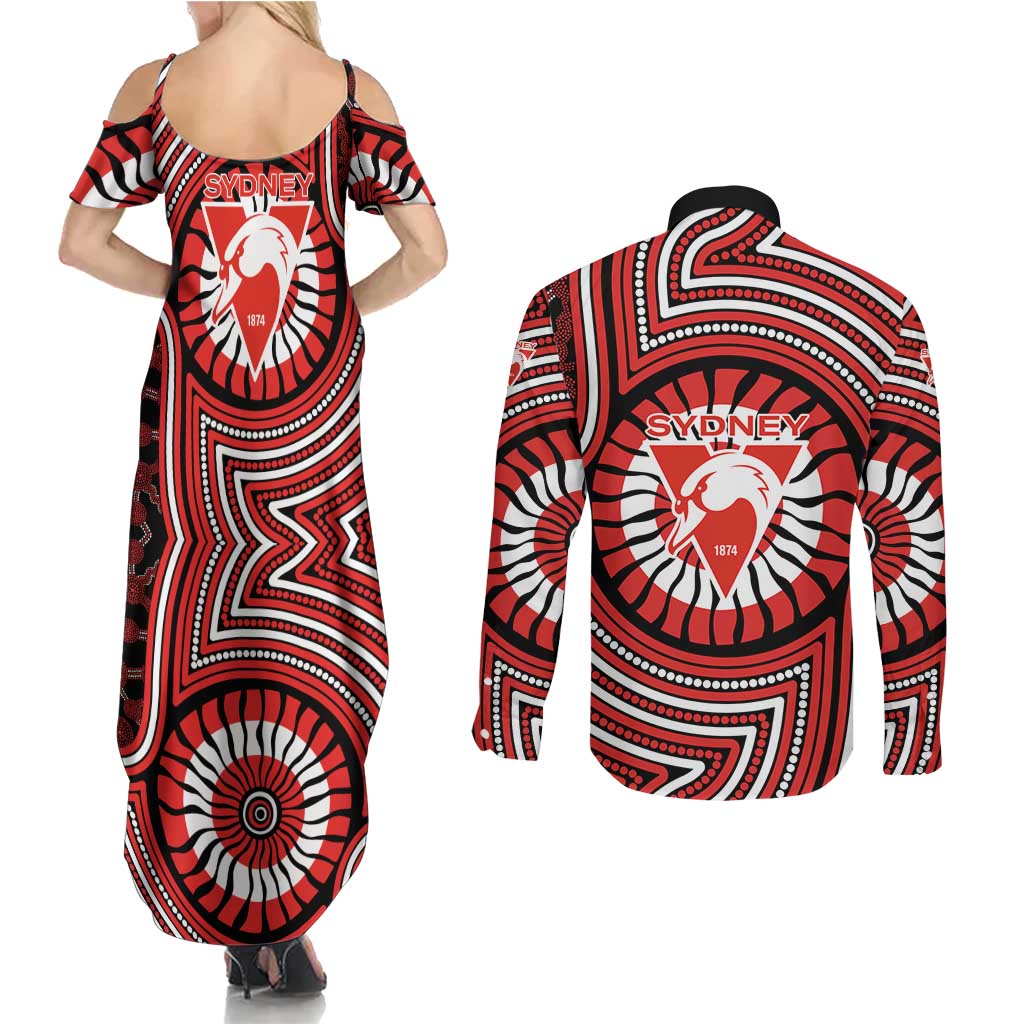 Sydney Swans Couples Matching Summer Maxi Dress and Long Sleeve Button Shirt Indigenous Monochrome Dot Art Mascot Style