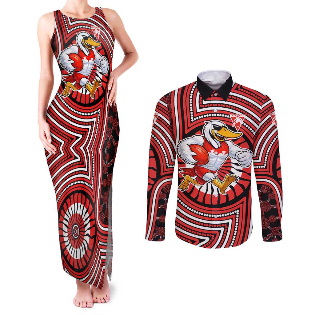 Sydney Swans Couples Matching Tank Maxi Dress and Long Sleeve Button Shirt Indigenous Monochrome Dot Art Mascot Style