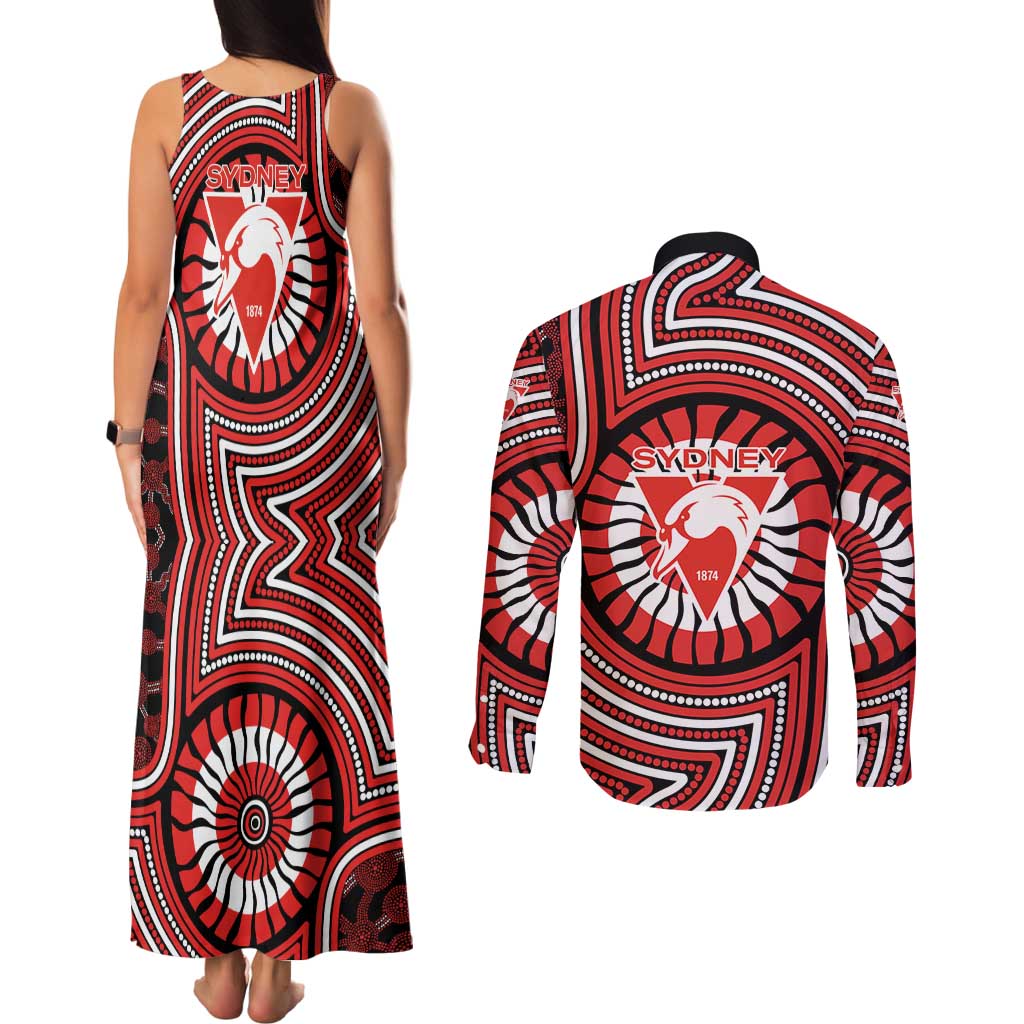 Sydney Swans Couples Matching Tank Maxi Dress and Long Sleeve Button Shirt Indigenous Monochrome Dot Art Mascot Style