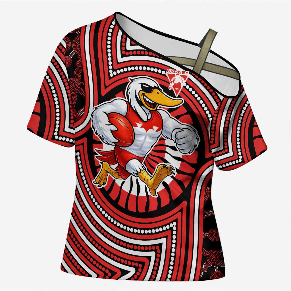 Sydney Swans Cross Shoulder Shirt Indigenous Monochrome Dot Art Mascot Style