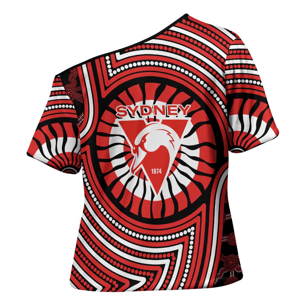 Sydney Swans Cross Shoulder Shirt Indigenous Monochrome Dot Art Mascot Style