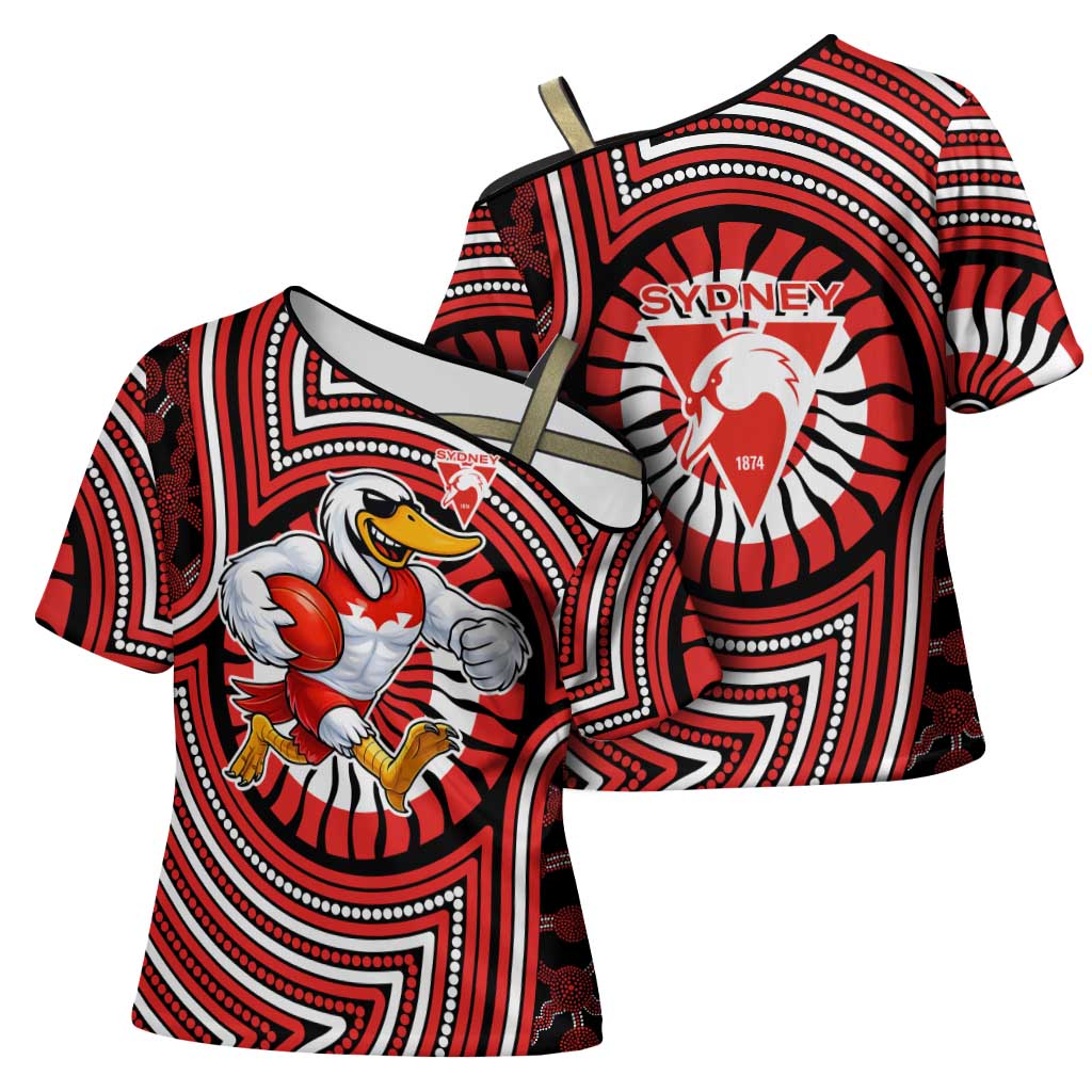 Sydney Swans Cross Shoulder Shirt Indigenous Monochrome Dot Art Mascot Style