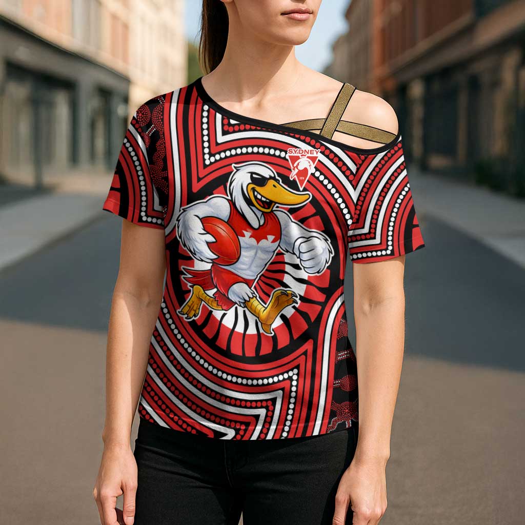 Sydney Swans Cross Shoulder Shirt Indigenous Monochrome Dot Art Mascot Style