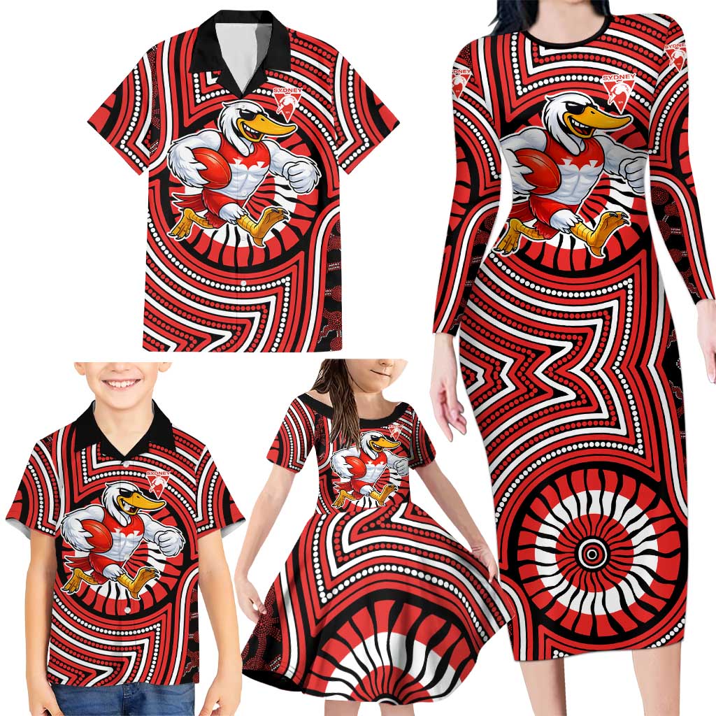 Sydney Swans Family Matching Long Sleeve Bodycon Dress and Hawaiian Shirt Indigenous Monochrome Dot Art Mascot Style