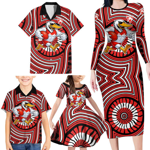 Sydney Swans Family Matching Long Sleeve Bodycon Dress and Hawaiian Shirt Indigenous Monochrome Dot Art Mascot Style