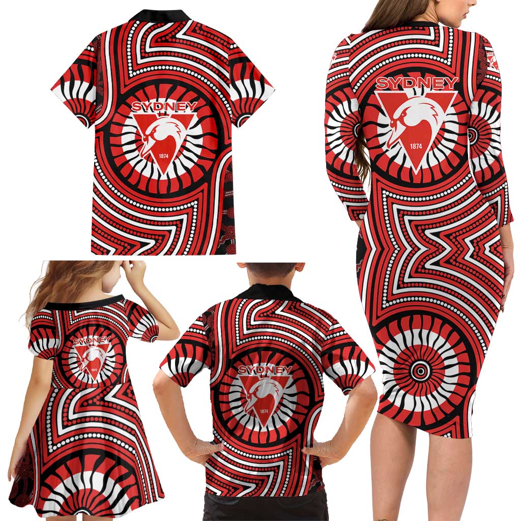 Sydney Swans Family Matching Long Sleeve Bodycon Dress and Hawaiian Shirt Indigenous Monochrome Dot Art Mascot Style