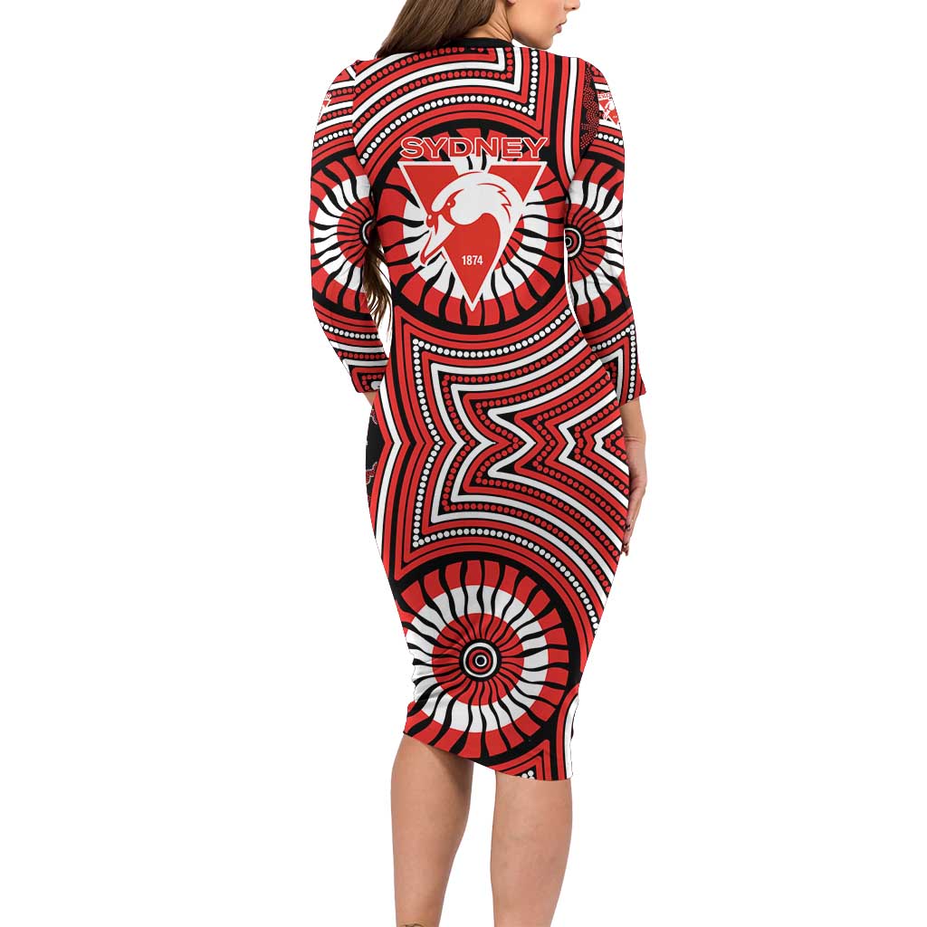 Sydney Swans Family Matching Long Sleeve Bodycon Dress and Hawaiian Shirt Indigenous Monochrome Dot Art Mascot Style