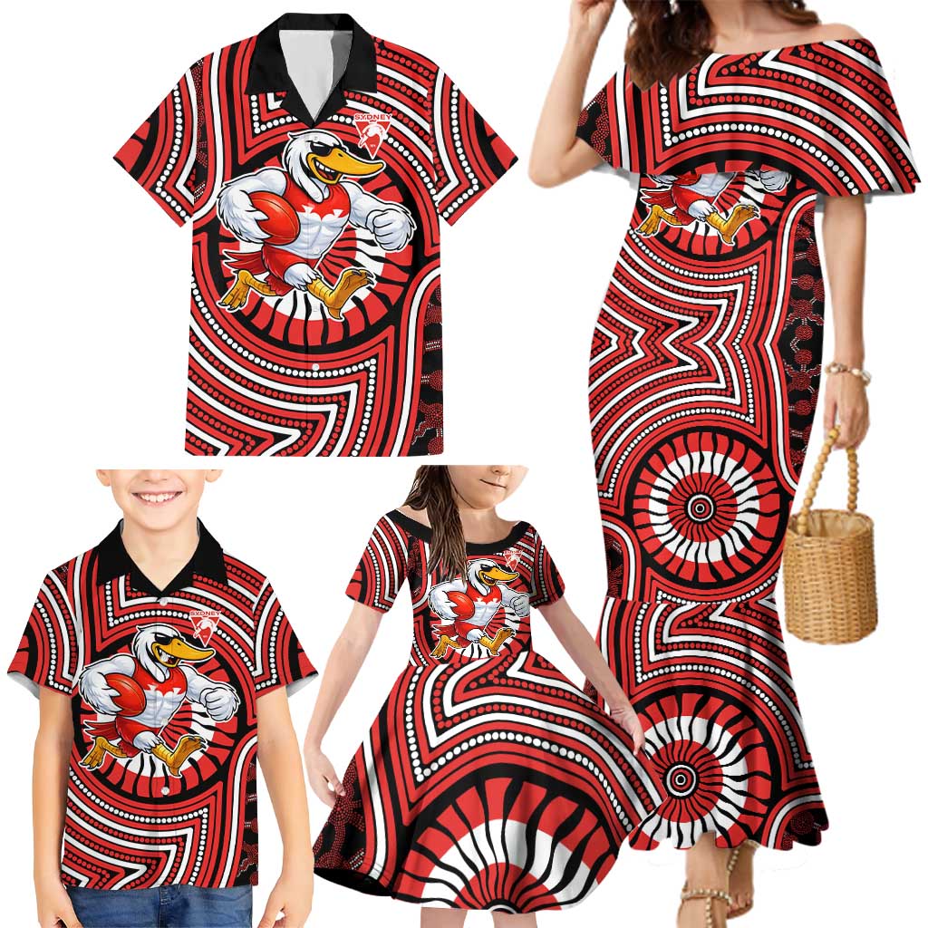 Sydney Swans Family Matching Mermaid Dress and Hawaiian Shirt Indigenous Monochrome Dot Art Mascot Style