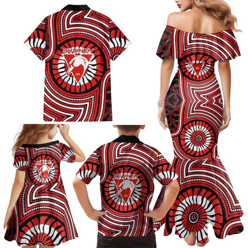 Sydney Swans Family Matching Mermaid Dress and Hawaiian Shirt Indigenous Monochrome Dot Art Mascot Style