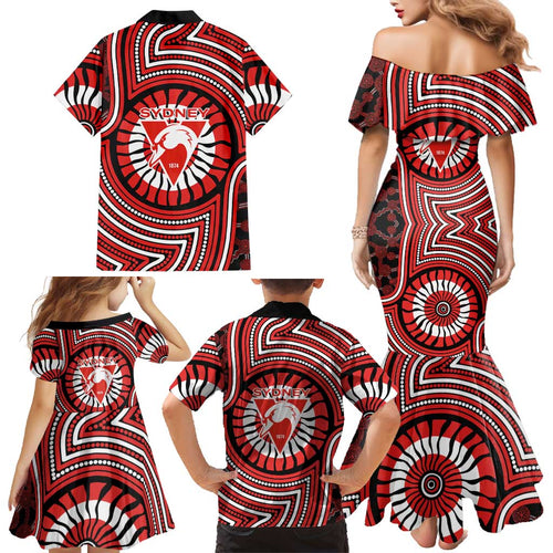 Sydney Swans Family Matching Mermaid Dress and Hawaiian Shirt Indigenous Monochrome Dot Art Mascot Style