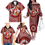 Sydney Swans Family Matching Off The Shoulder Long Sleeve Dress and Hawaiian Shirt Indigenous Monochrome Dot Art Mascot Style