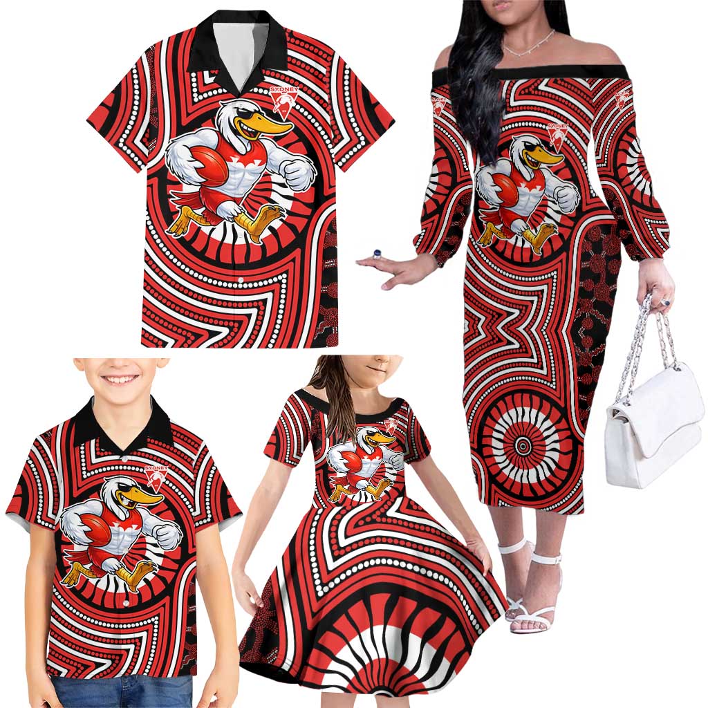 Sydney Swans Family Matching Off The Shoulder Long Sleeve Dress and Hawaiian Shirt Indigenous Monochrome Dot Art Mascot Style